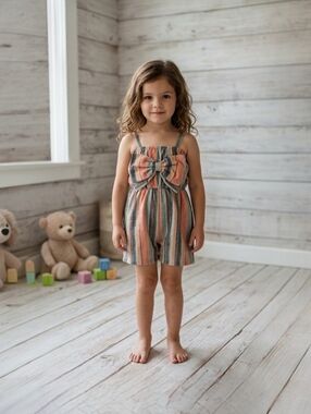 Boho Chic Striped Bow-Front Romper Earthy Tones Girls Sleeveless Retro Jumpsuit